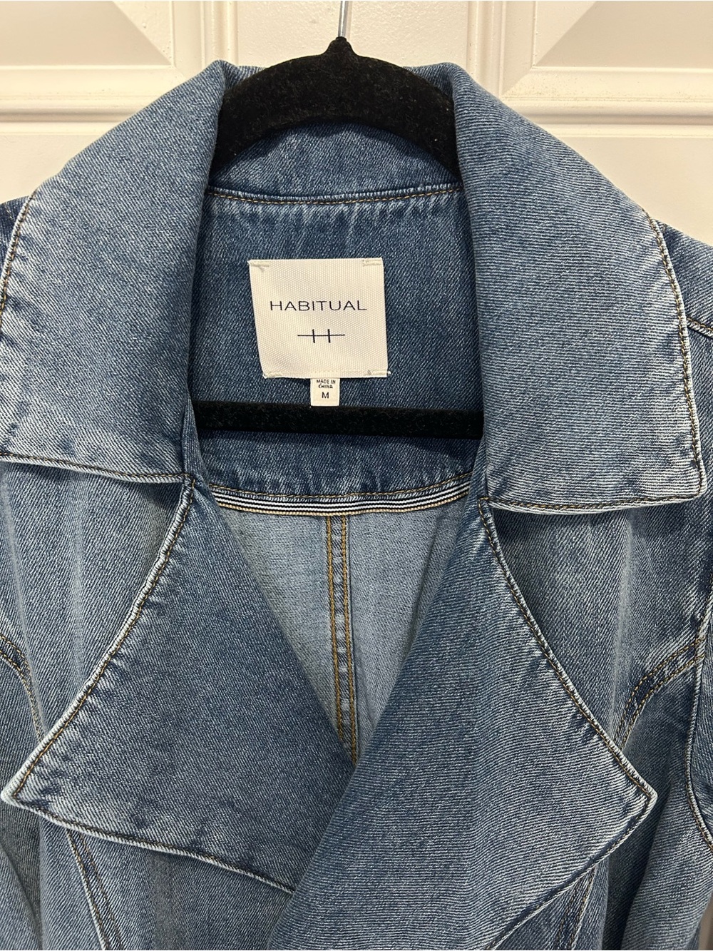 Habitual Wrap Tie Cropped Moto Trench Medium Wash Blue Jean Denim Belted Jacket - Picture 4 of 8